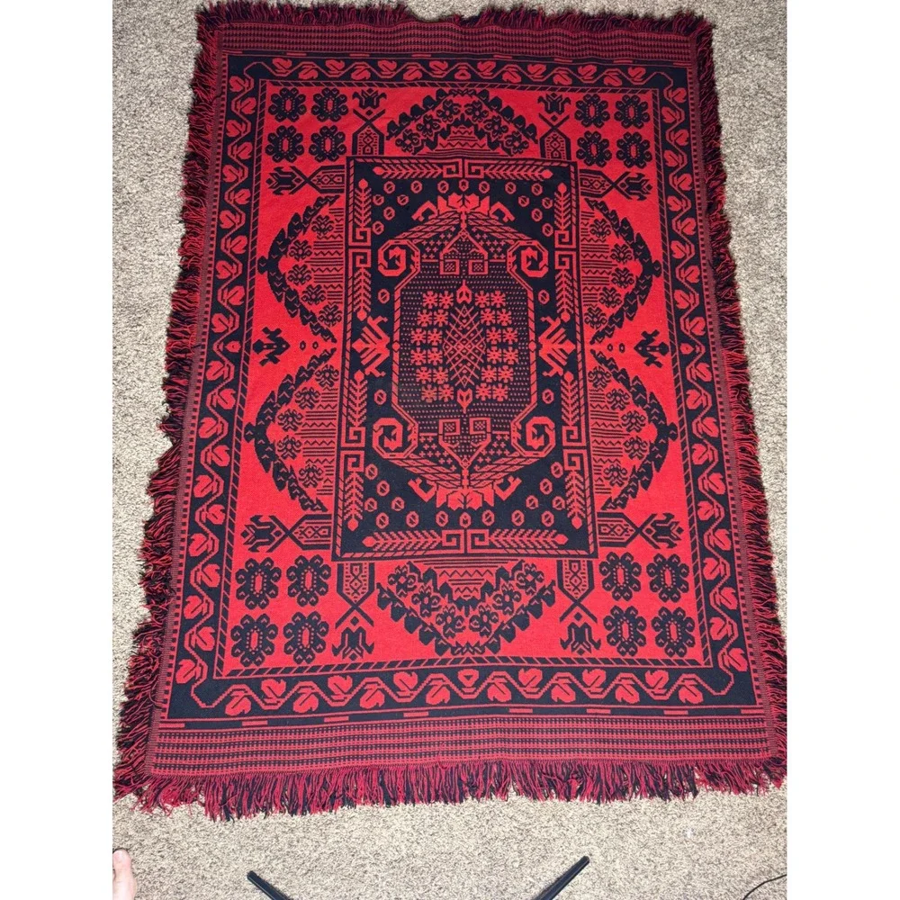 Vintage Polish Folk Wool Blanket Set Large Tapestry Throw Runner Mats Red Black